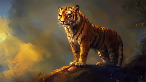 Digital painting shows tiger standing on rock in warm light