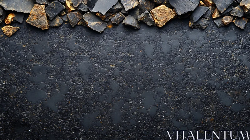 Textured slate stone border on dark industrial background.