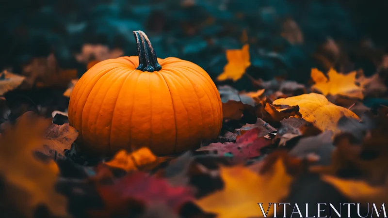 Orange pumpkin on autumn leaves with moody background.