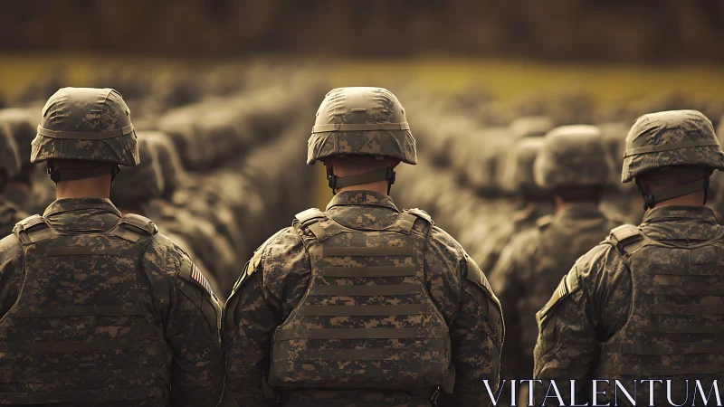 Photorealistic military formation with rear-view soldier focus.