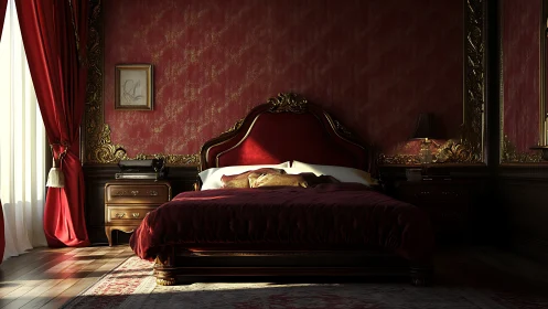 Luxurious classic bedroom with red and gold decor focus.