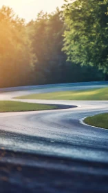 Sunlit winding road curves gently through quiet green forest