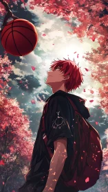 Red haired teen studies spinning basketball under blossoms.