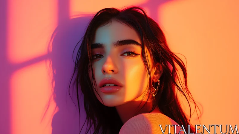 Digital portrait in neon sunset gradient lighting study.