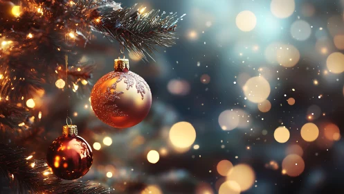 Specular holiday ornaments in shallow-depth bokeh field.