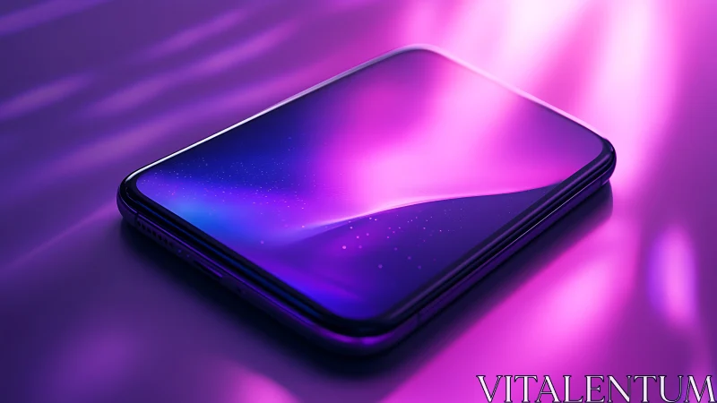 Edge-to-edge smartphone glows in neon purple gradients.