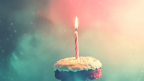 Solitary Birthday Candle Atop Frosted Confection.