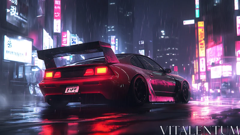 Neon-soaked street racer waits in a futuristic rainy city