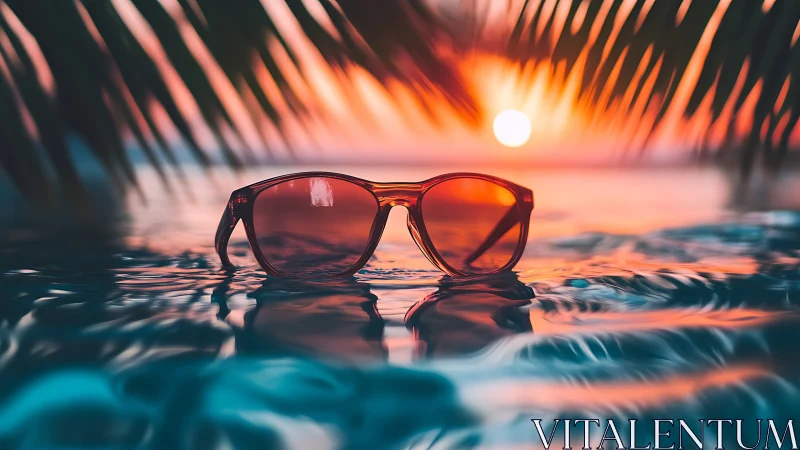 Red sunglasses floating on tropical water at sunset.