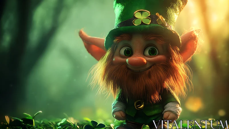 Cheerful leprechaun stands in glowing shamrock forest.