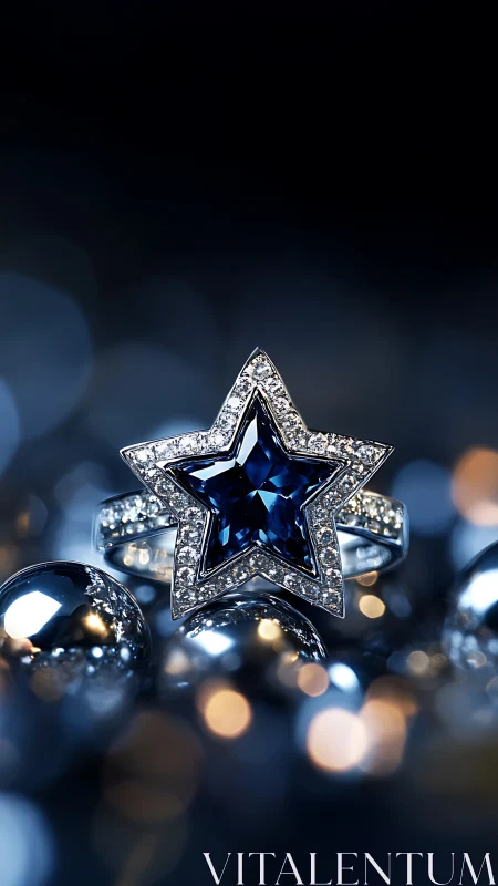 Star-shaped sapphire and diamond ring on reflective surface.