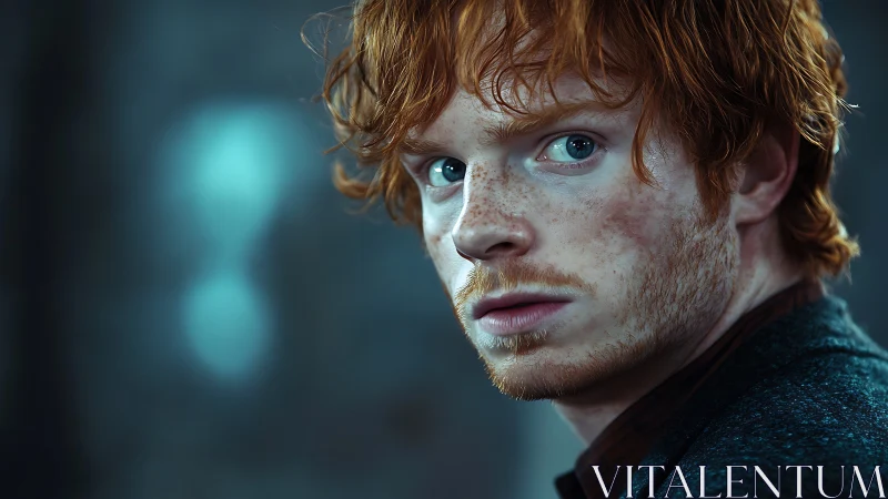 Red-haired young man in close, intense side portrait.
