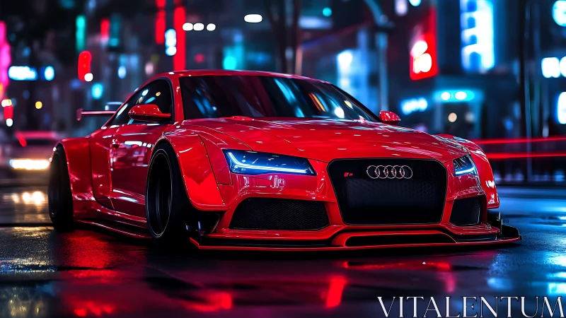 Low-angle view shows modified red sports coupe on wet city street