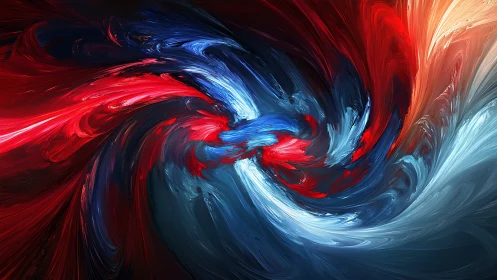Dynamic vortex of red and blue impasto strokes in turbulent rotation