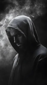 Mysterious hooded figure stands in swirling dramatic smoke