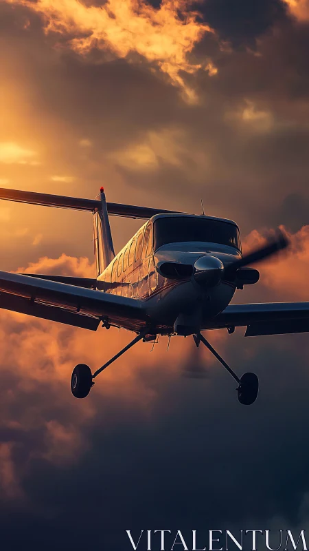 Golden-hour propeller plane glides calmly through glowing clouds
