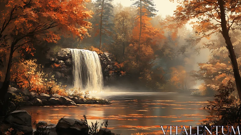 Autumn forest waterfall above calm reflective river surface.