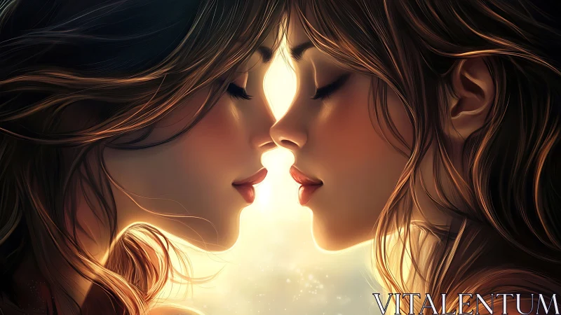 Two Female Profiles Converging in Radiant Golden Light.