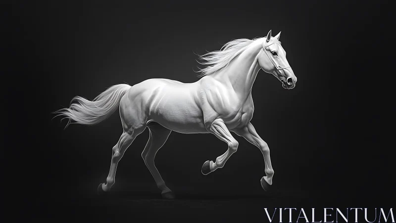 Luminous white stallion in dynamic 3D motion study.