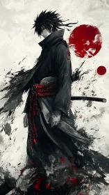 Dark ronin silhouette with crimson sun and ink splashes.