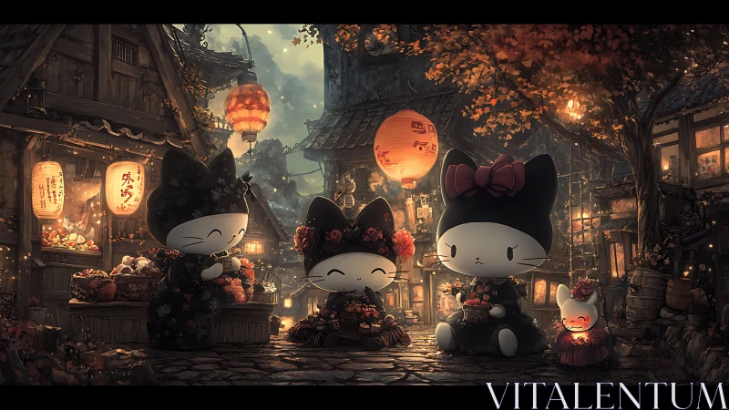Anthropomorphic cat figures in lantern lit village street.