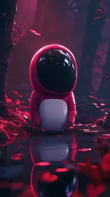 Small pink astronaut sits beside reflective forest water