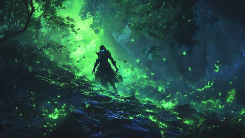 Dark cloaked warrior walking through glowing green forest.