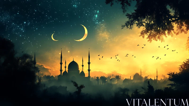 Moonlit skyline over dreamy desert city at glowing dawn.