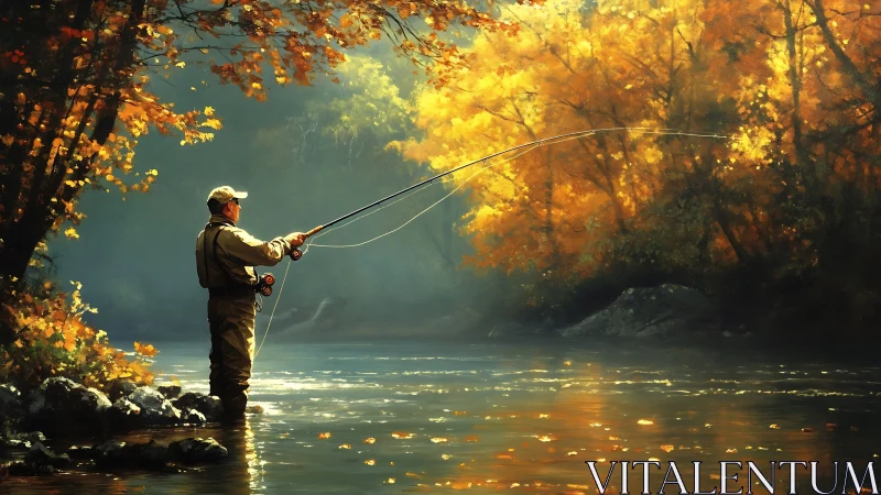 Fly fisherman casts line across sunlit autumn river scene.