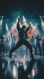 Silhouetted lead dancer on stage with backlit group ensemble.