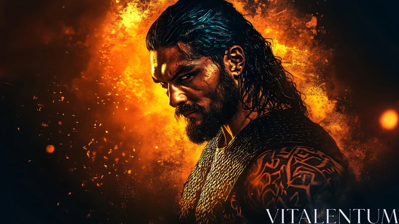 Warrior portrait with fiery bokeh and molten orange aura.