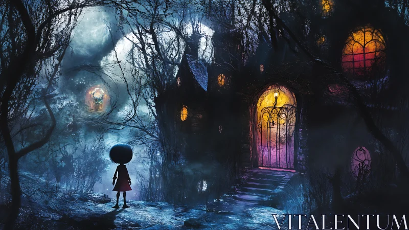 Moonlit child pauses at a glowing doorway of mystery