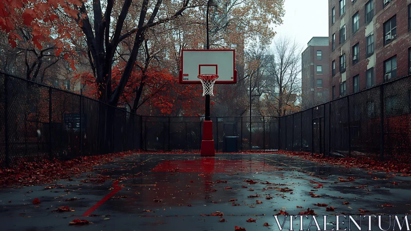 Rainy autumn basketball court waiting for the next game.
