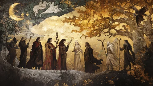 Moonlit council of robed mages beneath the golden boughs.