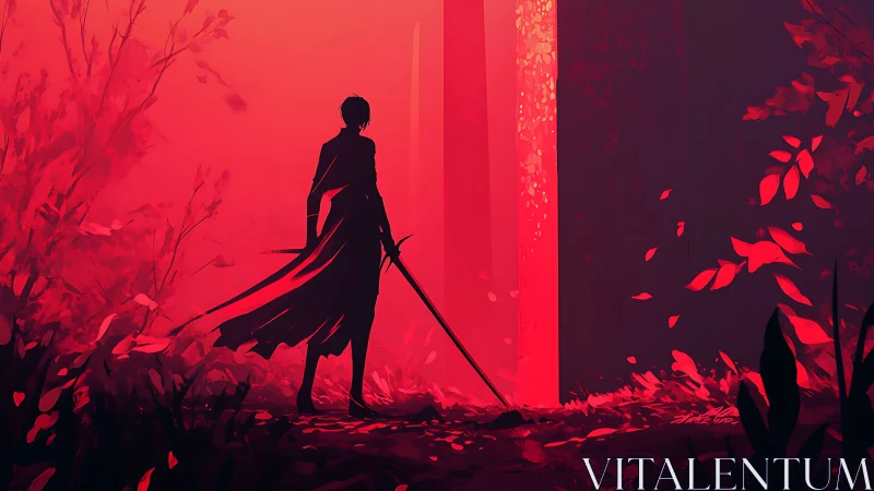 Silhouetted swordsman before luminescent crimson portal.