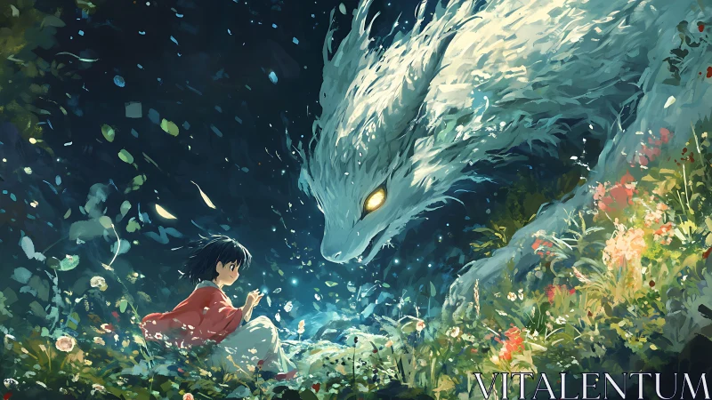 Wild midnight dragon bends low to greet a quiet child