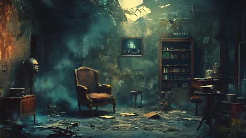 Abandoned study room with armchair, books, and smoke.