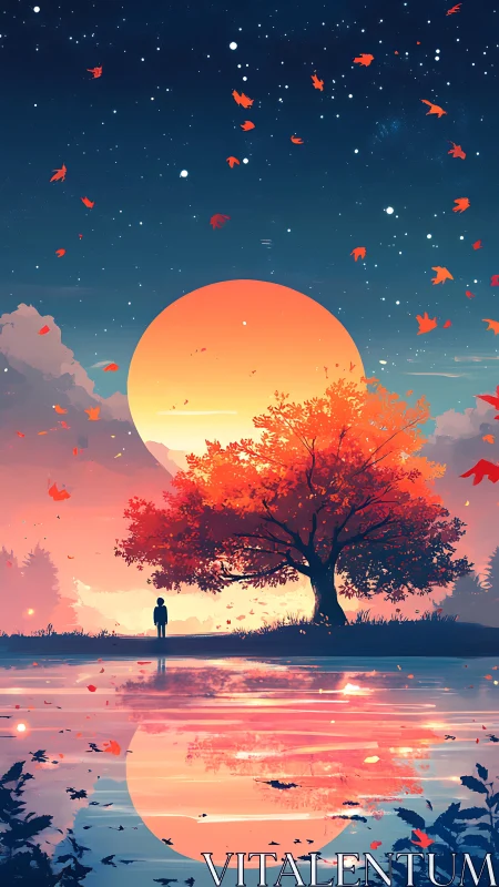 Solitary figure beside autumn tree at vivid sunset.