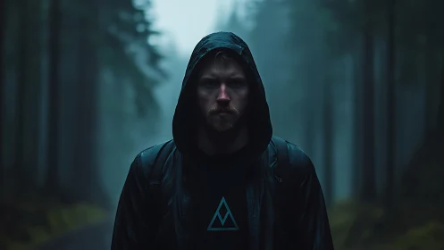 Hooded man in misted conifer forest, low key portrait lighting