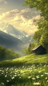 Sunlit alpine meadow with daisies, cabin, and misted peaks.