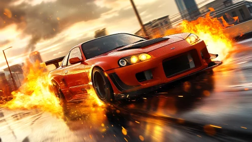 Flame-kissed street racer carving sparks through the storm.