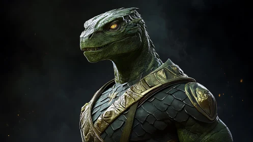 3D reptilian warrior bust with ornate scale armor rendering.