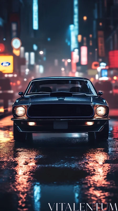 Vintage muscle car on neon-lit wet city street at night.