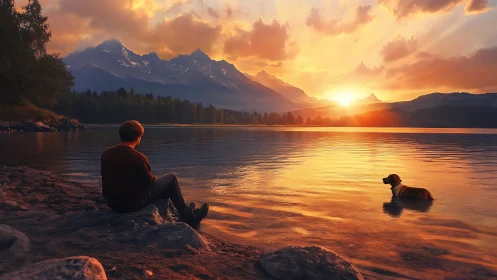 Sunset confidences shared by boy and dog beside calm lake.