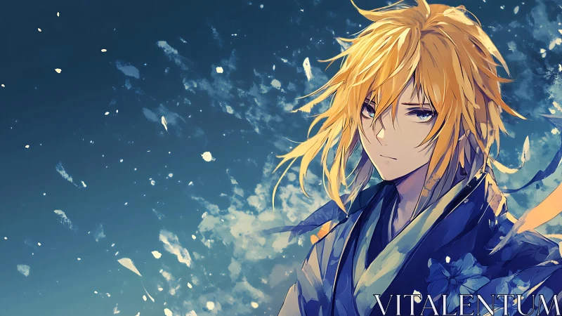 Golden haired wanderer beneath a storm of quiet petals.