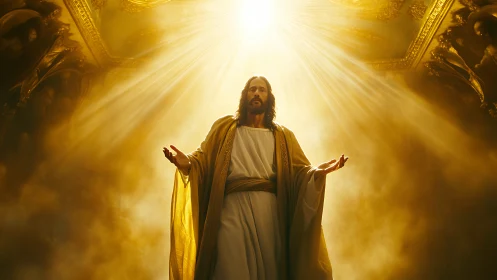 Radiant robed figure under golden divine light from above.
