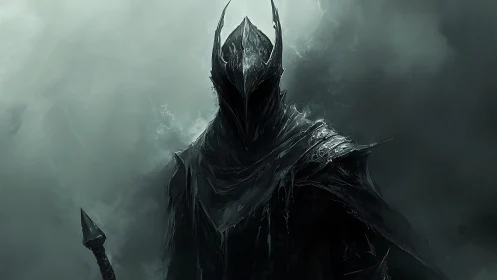 Armored dark knight figure stands in heavy atmospheric fog