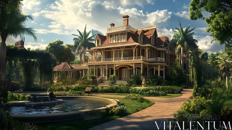 Victorian mansion glows within lush sunlit tropical garden