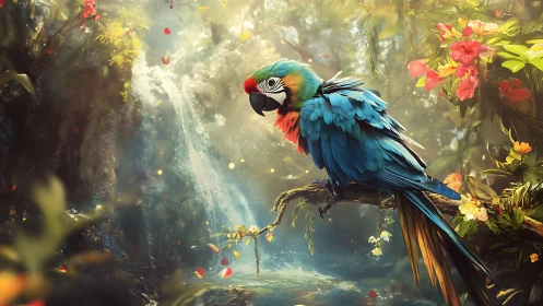 Digital parrot perches before waterfall in dense foliage