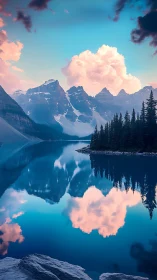 Mountain lake with cloud reflections at colorful sunset.